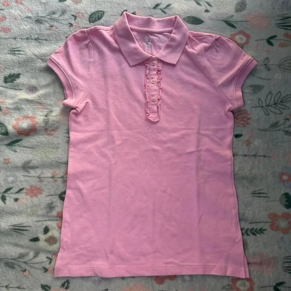 The Children's Place Pink Polo Shirt Kid 10/12 Y2K Preppy Coquette Ruffle Collar